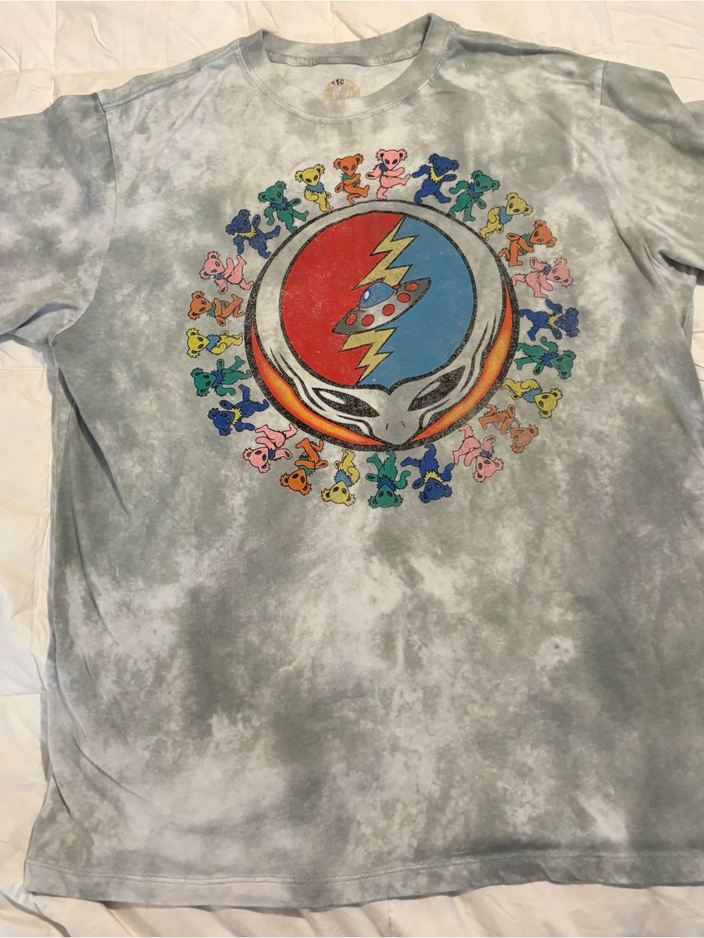 Grateful Dead Gray Tie-Dye Tee with Multicolor Dancing Bears Graphic